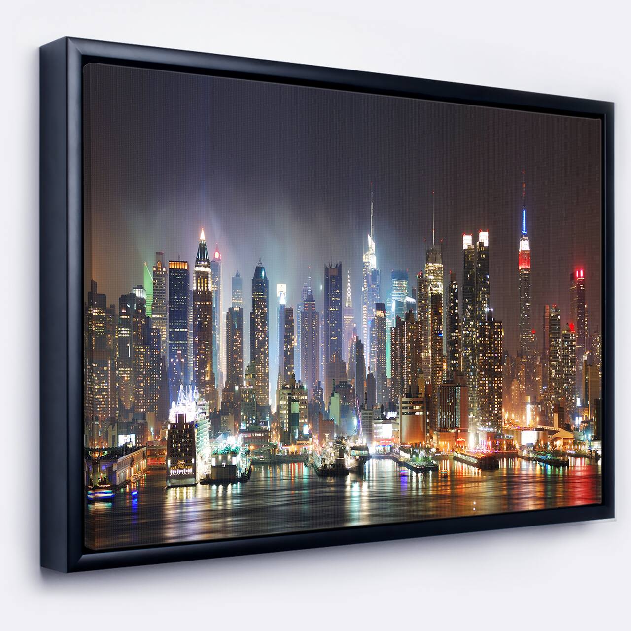 Designart - Lit NYC Manhattan Skyline - Cityscape Photo Framed Canvas Print